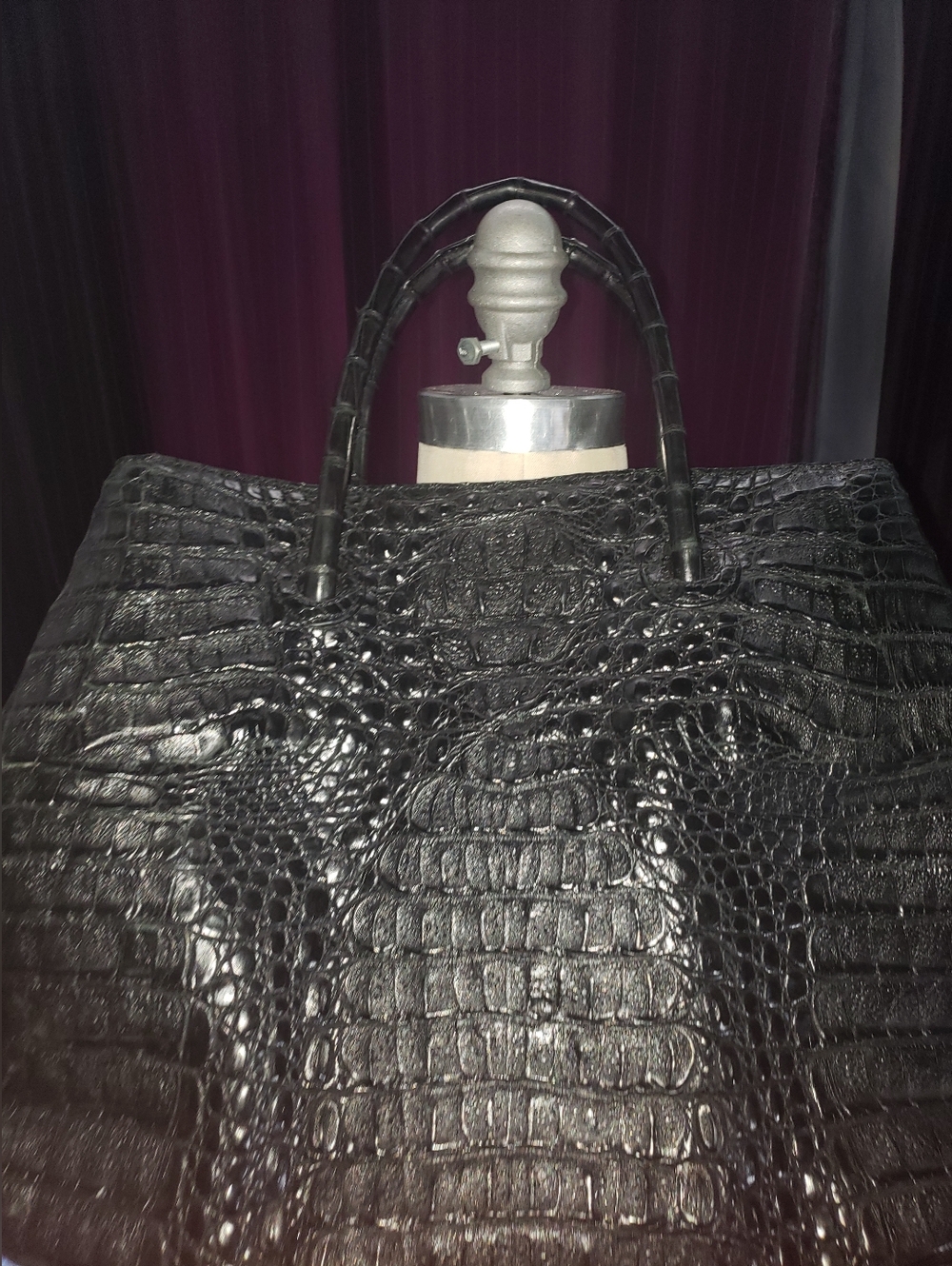 Genuine Caiman Crocodile Skin Large Black Tote Cream Suede Lining Handbag - Picture 2 of 16